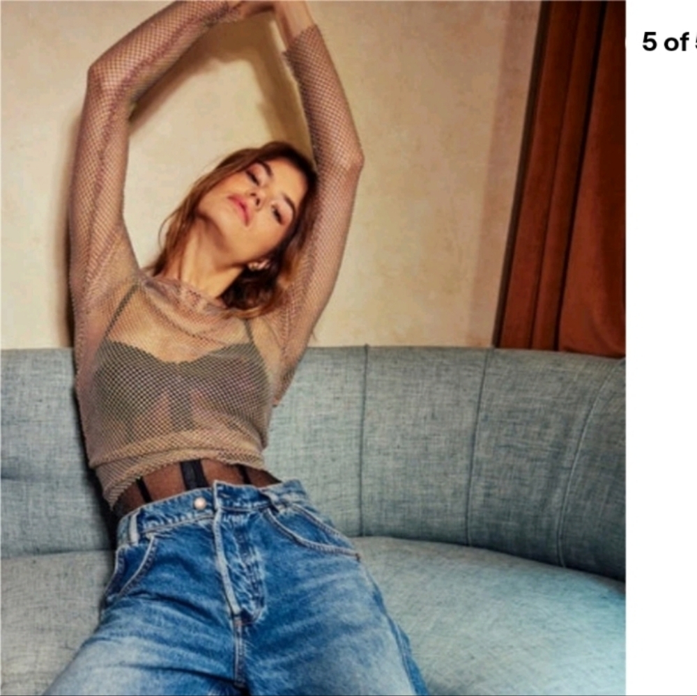 Free People Filter Finish Long Sleeve Pink Rhinestone Low Back Mesh Top - NWT